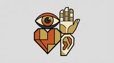 Geometric icons of an eye, a heart, a hand, and an ear in shades of orange, tan, and cream.