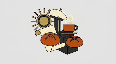 A stylized graphic of a sun, a beret, a steaming cup of coffee, and two loaves of bread.