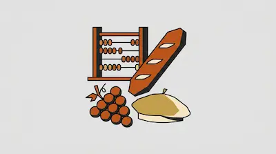An abacus, a baguette, a bunch of grapes, and a beret.