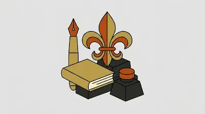 A fleur-de-lis, a fountain pen, a book, and an inkwell are arranged in a stylized graphic.