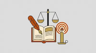 An open book with a quill pen, a lit candle, and a balance scale.