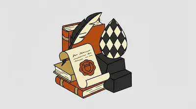 A stack of orange books, a quill, and a scroll with a wax seal next to a checkered egg on a black pedestal.