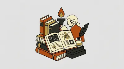 A person with a powdered wig reads an open book featuring scientific diagrams, surrounded by a stack of books, a candle, and a quill.