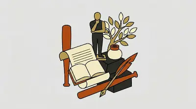 A figure in a thinking pose stands behind an open book and scroll, surrounded by a quill, a tree, and two bats.