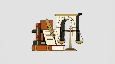 A stack of books, a scroll with a quill, a set of scales, and a stone archway.
