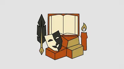 A quill pen, a theater mask, an open book, and a lit candle are arranged on geometric blocks.