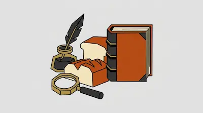A quill in an inkwell, a magnifying glass, two loaves of bread, and a thick book.