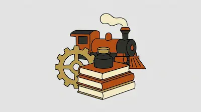 A steam locomotive, a large gear, and a stack of books with an inkwell on top.
