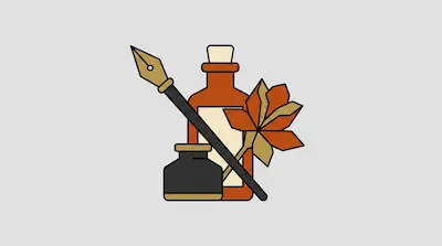 A dip pen, an inkwell, a corked bottle, and a stylized autumn leaf.