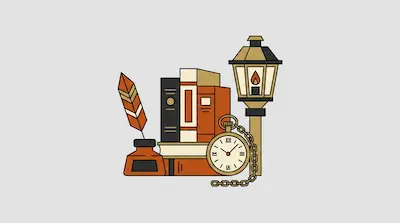 A quill in an inkwell, a stack of books, a pocket watch, and a vintage street lamp.