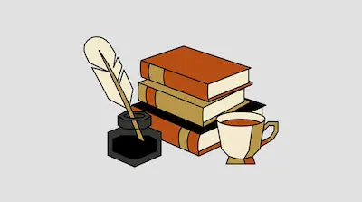 A stack of three books, a quill in an inkwell, and a cup of tea.