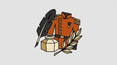 An orange military uniform jacket, a black quill pen, a tan inkwell, and a gold laurel branch.