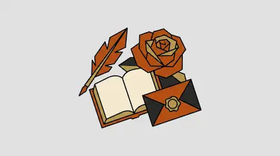 A geometric arrangement of a quill, an open book, a rose, and a sealed envelope.