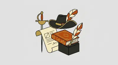 A rapier, a feathered hat, a scroll, a book, and a quill pen are arranged together.