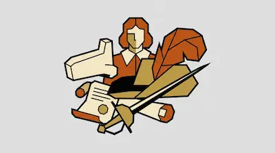 A person with reddish hair and a white collar surrounded by a sword, a scroll, a quill, and a large white boot.