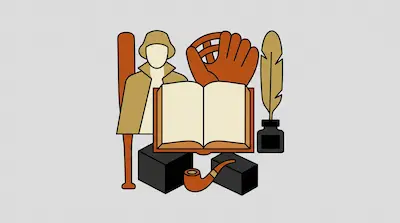 An open book is surrounded by a baseball bat, a baseball glove, a quill pen in an inkwell, a smoking pipe, and a figure in a coat.
