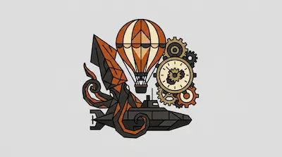A hot air balloon, a giant squid, a submarine, and clockwork gears in a steampunk-themed graphic.