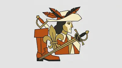 A stylized man in a feathered hat, a sword, a boot, and a fleur-de-lis.