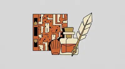 A patterned orange book, an inkwell with a quill pen, and a seashell.