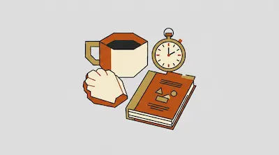 A coffee mug, a pocket watch, a book, and a seashell in a geometric, minimalist style.
