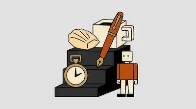 A fountain pen, coffee mug, shell-shaped cookie, pocket watch, and a blocky human figure are arranged on black steps.