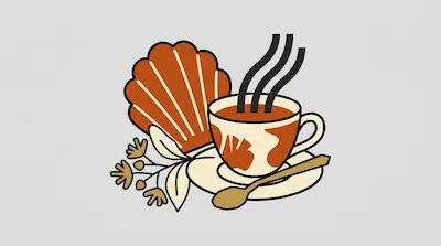 A steaming teacup on a saucer with a spoon, a madeleine cookie, and a sprig of flowers.