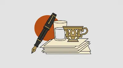 A fountain pen, a glass of water, and an ornate teacup resting on a stack of papers in front of an orange circle.