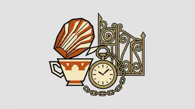 A stylized arrangement of a madeleine cookie, a teacup, a pocket watch, and a decorative iron gate.