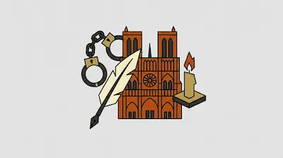 A stylized brown cathedral surrounded by handcuffs, a quill pen, and a lit candle.