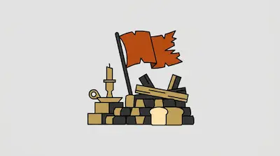 A tattered red flag rises from a pile of blocks, wooden planks, a loaf of bread, and a candlestick.