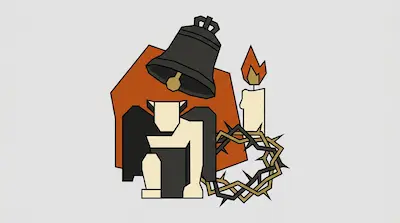 A stylized graphic of a dark bell, a lit candle, a crown of thorns, and a blocky figure against an orange geometric shape.