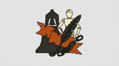 A large dark bell, a wooden mannequin, a tattered orange banner, a quill pen, and a chain.