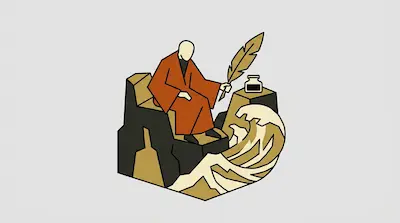 A person in a red robe sits on a rock holding a quill, with an inkwell and stylized waves nearby.