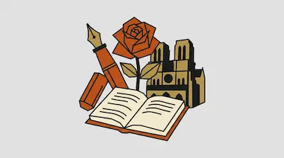 A fountain pen, a geometric rose, a cathedral, and an open book are grouped together.