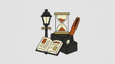 A street lamp, an hourglass, a fountain pen, and an open book are arranged together on a light gray background.