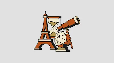 A stylized collection of objects including the Eiffel Tower, an hourglass, a telescope, and a faceted sphere.