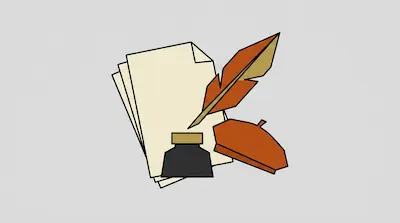 A stack of paper, a quill pen, an inkwell, and a beret.