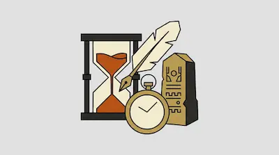 An hourglass, a quill pen, a pocket watch, and a stone tablet with hieroglyphics.