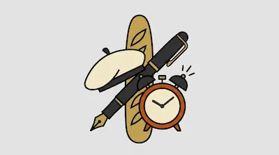 A baguette, a beret, a fountain pen, and an alarm clock are grouped together in a minimalist graphic style.