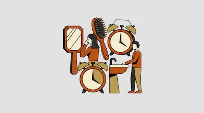 Two people are surrounded by morning routine items, including alarm clocks, a mirror, a hairbrush, and a sink.