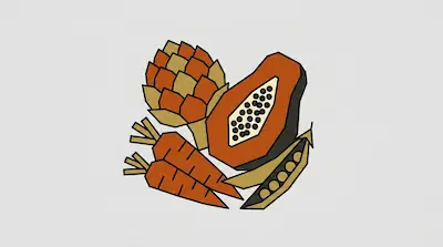 A collection of stylized produce including an artichoke, a halved papaya, two carrots, and a pea pod.