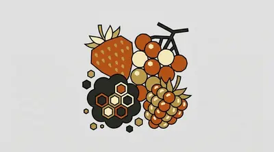 A large seeded berry with leaves, a cluster of round fruits on a stem, a bumpy compound berry, and a dark lobed berry grouped together.