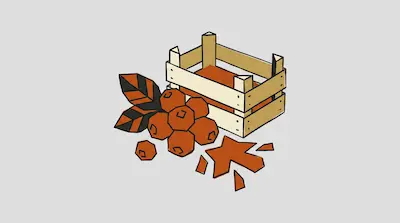 A wooden crate next to a cluster of orange berries and leaves, with orange shards scattered nearby.