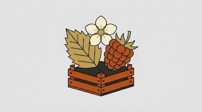 A stylized raspberry, leaf, and flower sit in a small wooden crate.