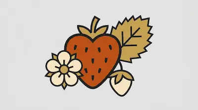 A stylized heart-shaped strawberry surrounded by a jagged leaf, a flower, and a small berry.
