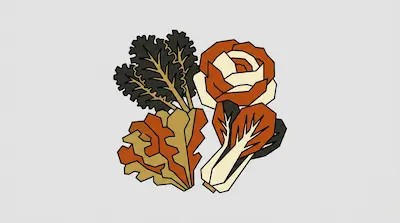Stylized leafy greens including kale, lettuce, and bok choy in shades of orange, tan, and dark green.