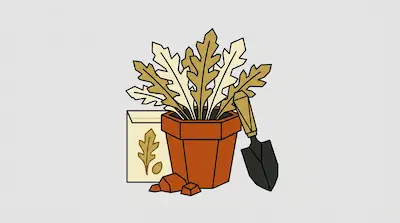 A potted plant with jagged leaves, a seed packet, and a garden trowel.