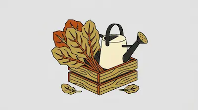 A wooden crate containing leafy vegetables and a watering can.