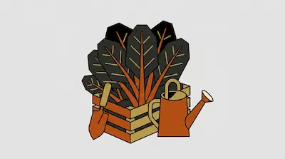 A wooden crate filled with dark leafy plants with orange stems, next to an orange trowel and watering can.