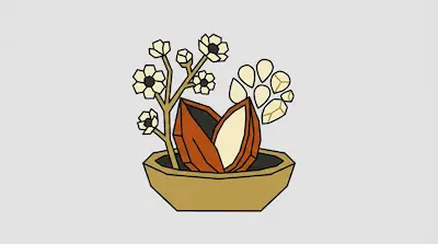 A stylized plant with small white flowers and a large split seed in a tan bowl.